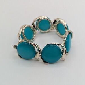 Lisner Teal Blue Cabochon Link Bracelet Silver Tone Vintage